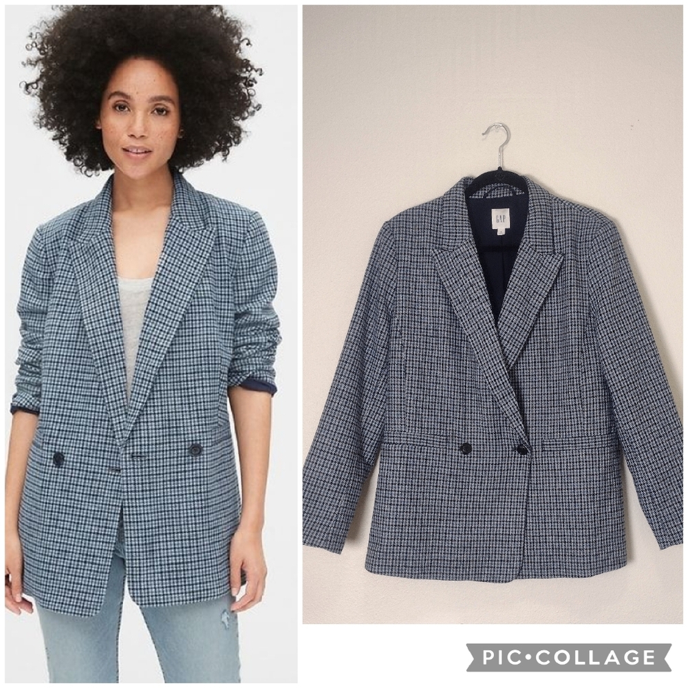 Gap Houndstooth Wool Blend Double Button Girlfriend Blazer Blue Size 12